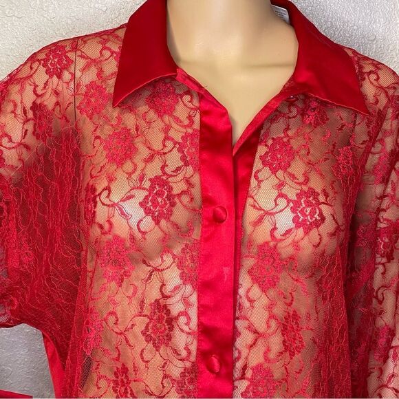Vintage Victoria’s Secret Gold Label Lace  Front Button Up Sleep Shirt Red Large - Picture 3 of 12